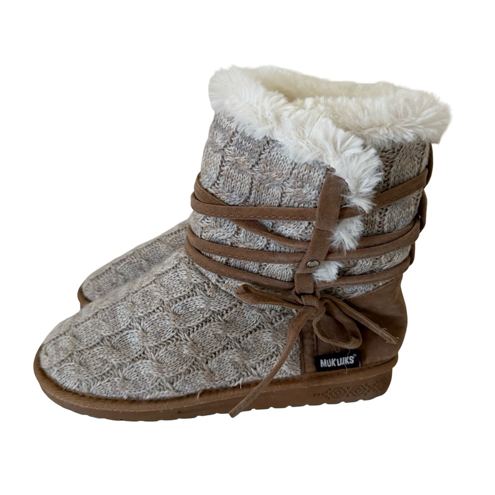 Muk Luks Clementine Taupe Brown Sweater Winter Boots Women's Size 9 Warm Tie
